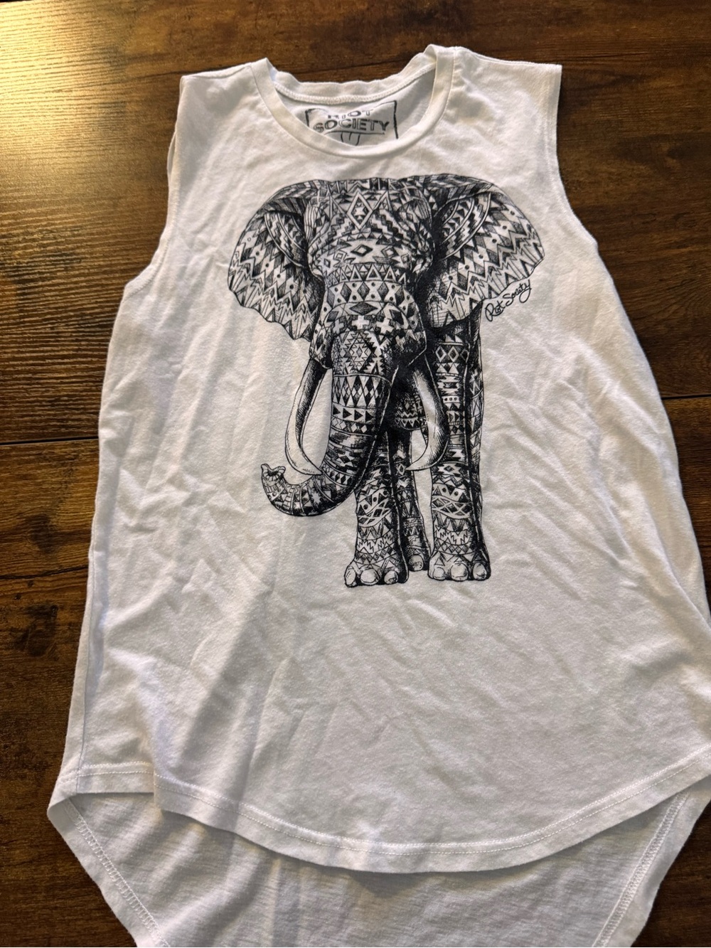 Riot Society White Muscle Tee with Black Aztec Elephant Graphic